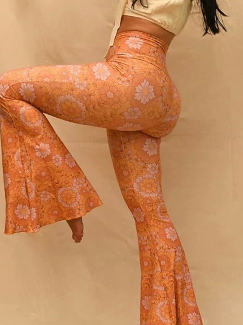 Orange Floral High-Waist Flare Pants
